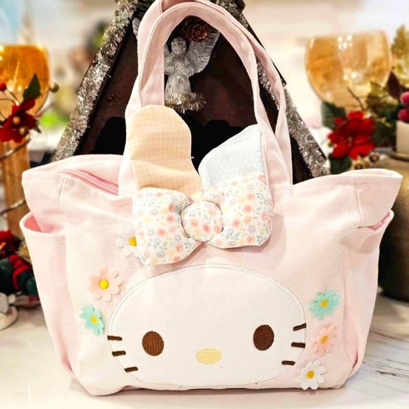New Hello Kitty Kitty With Rabbit Ear Canvas Pink Lunch Tote - Picture 1 of 9